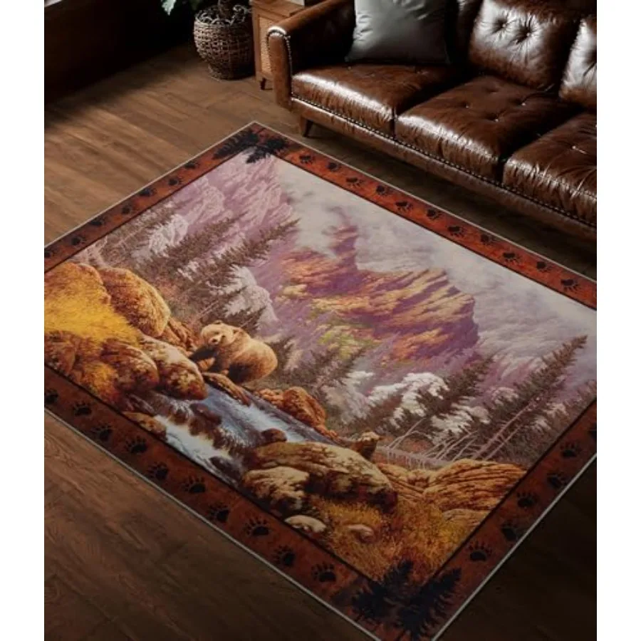 

Rustic cabin area rug for bedroom 5x7, machine washable polyester woodland bear rug in brown and beige, non-slip low pile print