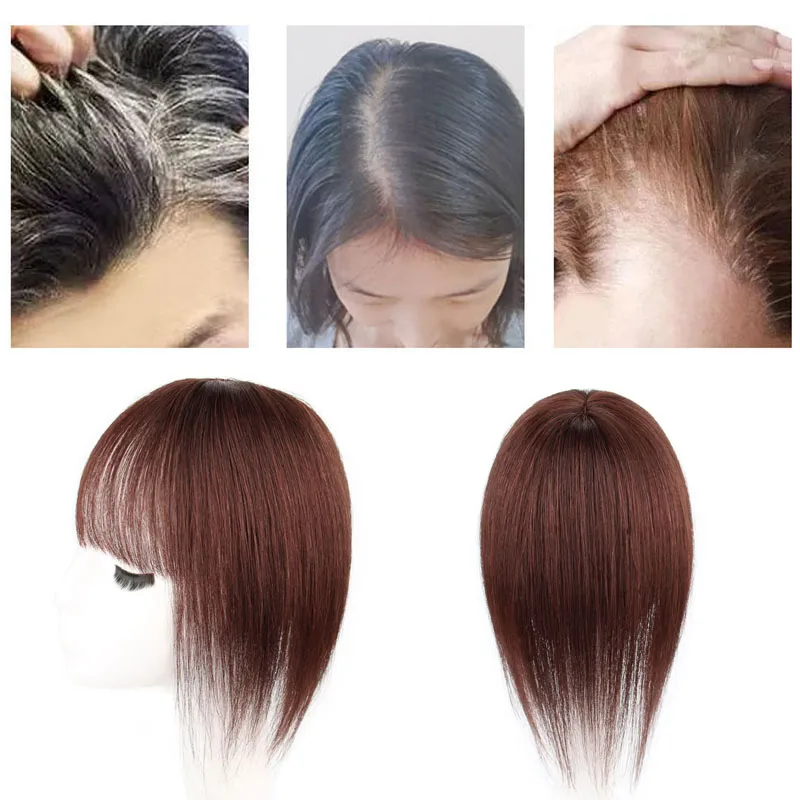 8x12cm 인모 에어뱅 여성용 헤어피스, 흰머리 가리개, 자연스러운 풍성한 커버, 회색머리 가리개, 합성모