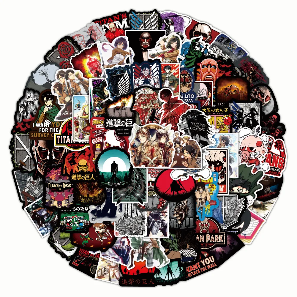 100 Uds Anime dibujos animados ataque a los Titanes pegatinas de grafiti para bicicleta cuenta de mano estuche para lápices calcomanías LanLanStickersWorld