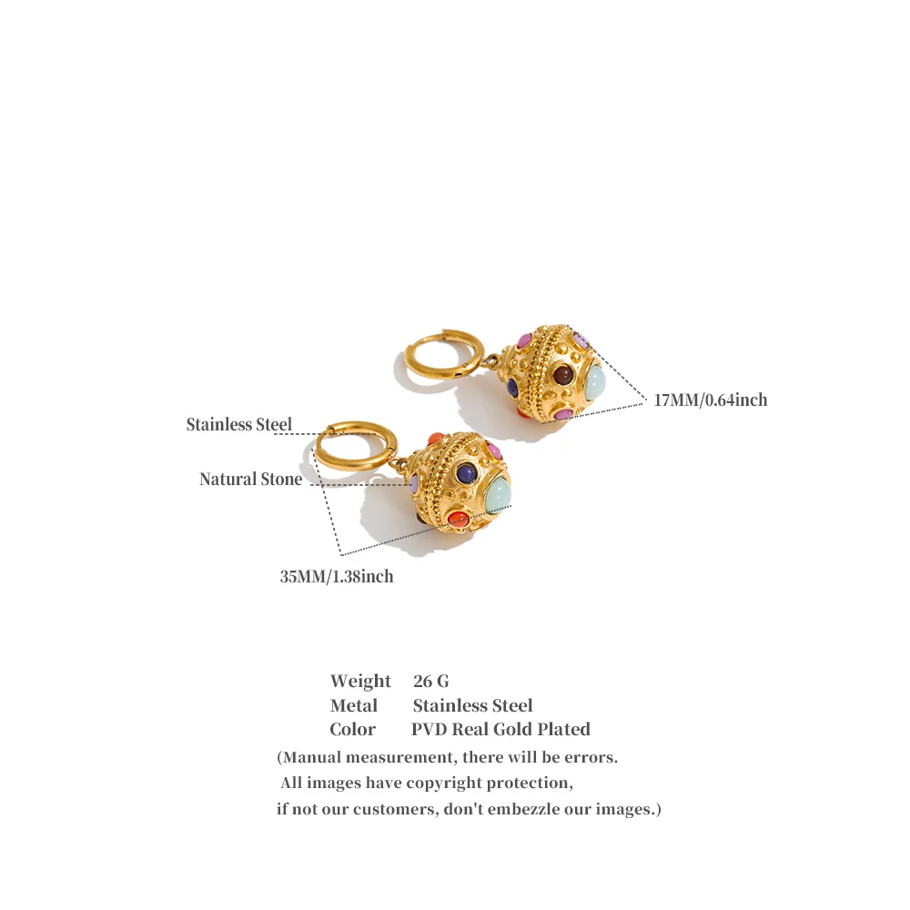 Yhpup 26g Edelstahl Runde Hängeohrringe 18K Goldfarbe PVD-beschichtet Naturstein Exquisiter Französischer Schmuck – Detail 1