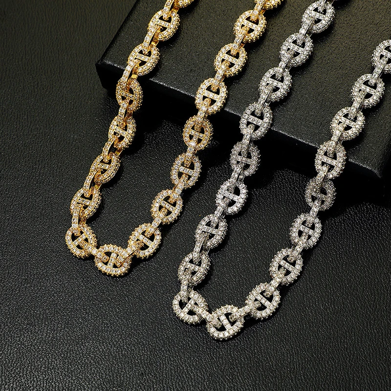Hip Hop 5A+ CZ Stone Paved Bling Iced Out Pig Nose Coffee Beans Link Chain Necklaces for Men Rapper Jewelry Gold Silver Color