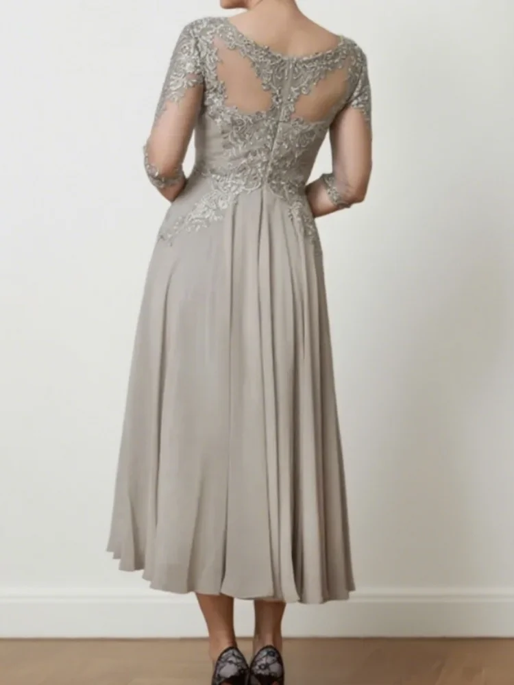 Vestido elegante de gasa plateada con cuello de encaje para mujer, vestido de invitados de boda, novio, mamá, vestidos de fiesta formales de noche, vestidos para madre de la novia