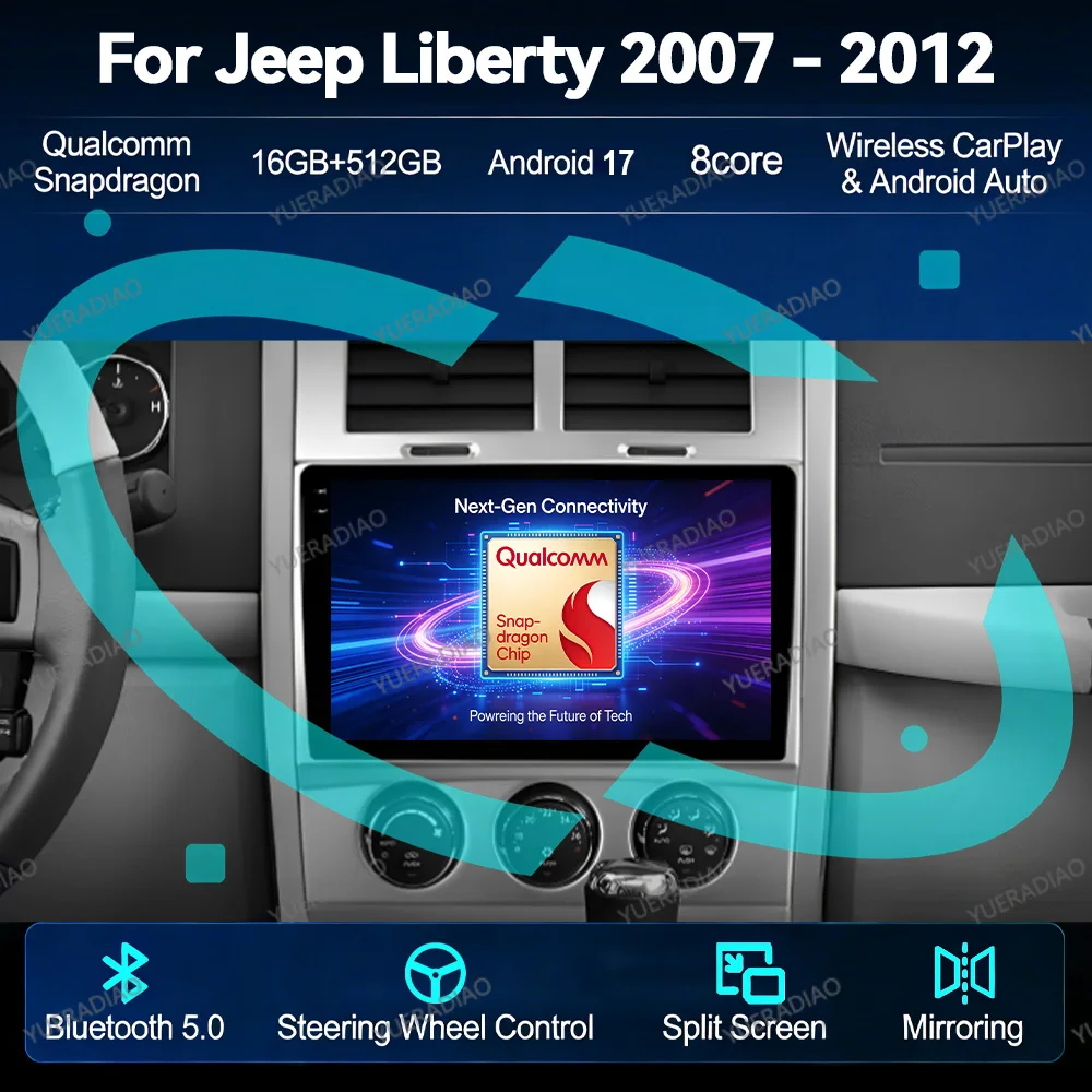 Android 17 Car Radio For Jeep Cherokee Liberty KK 2007 - 2012 Autoradio Carplay Multimedia Central BT Touch Screen 2K QLED DVD