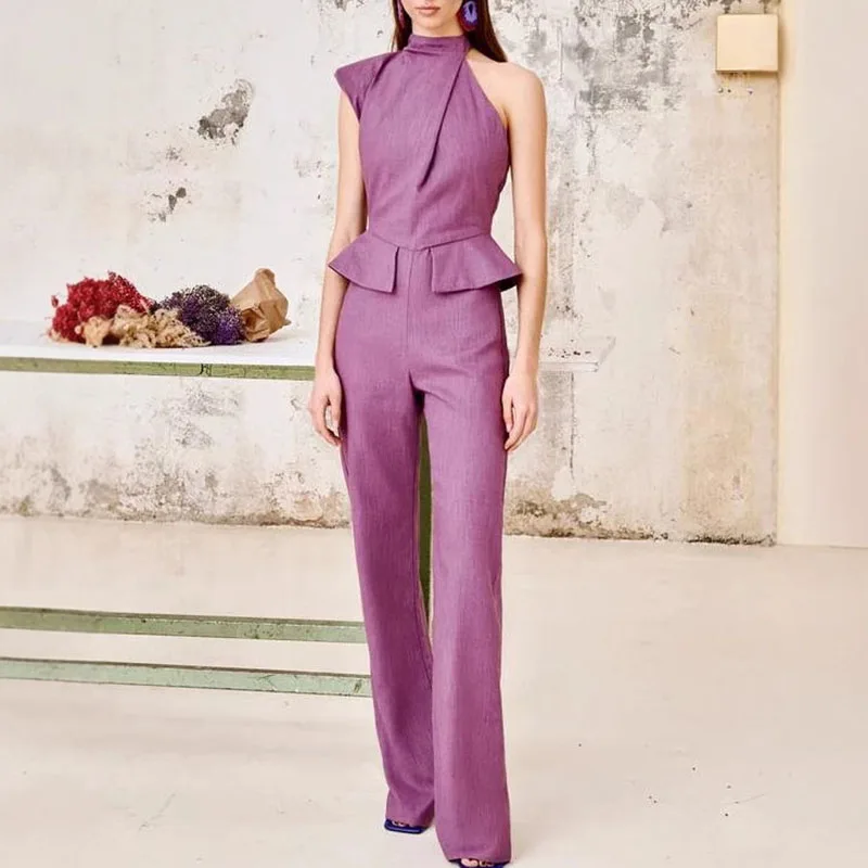 여름 신상 여성 스트레이트 팬츠 롬퍼 패션 불규칙 오프숄더 점프수트 캐주얼 솔리드 컬러 슬리브리스 홀터 플레이수트