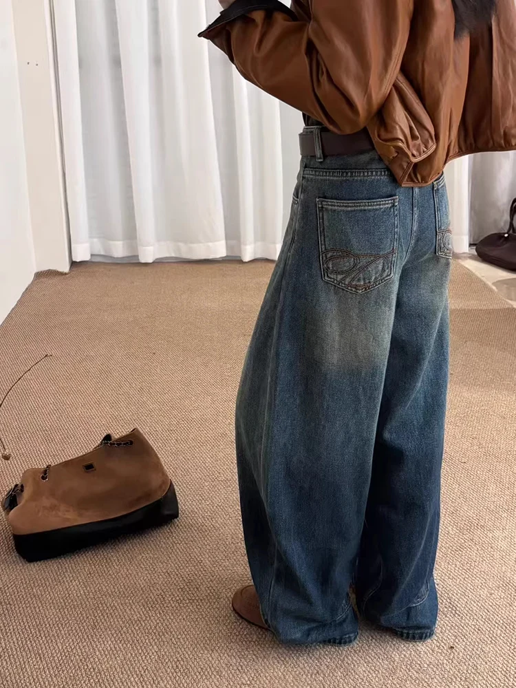 

Зимние узкие версии, Inteated Fce Waed, винтажные плиссированные универсальные широкие джинсовые брюки с высокой талией