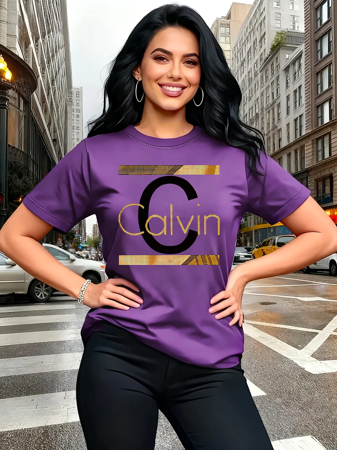 Calvin Letter Print Women's Tee - Gold Graphic Green Casual Top image 3