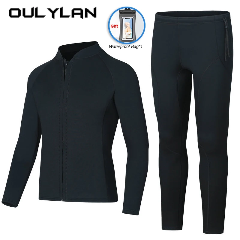 

Oulylan 3MM Printing Couple Split Divingsuit Men Warm Snorkeling Surfing Wet Suit Front Zipper Long Sleeved & Pants For Women