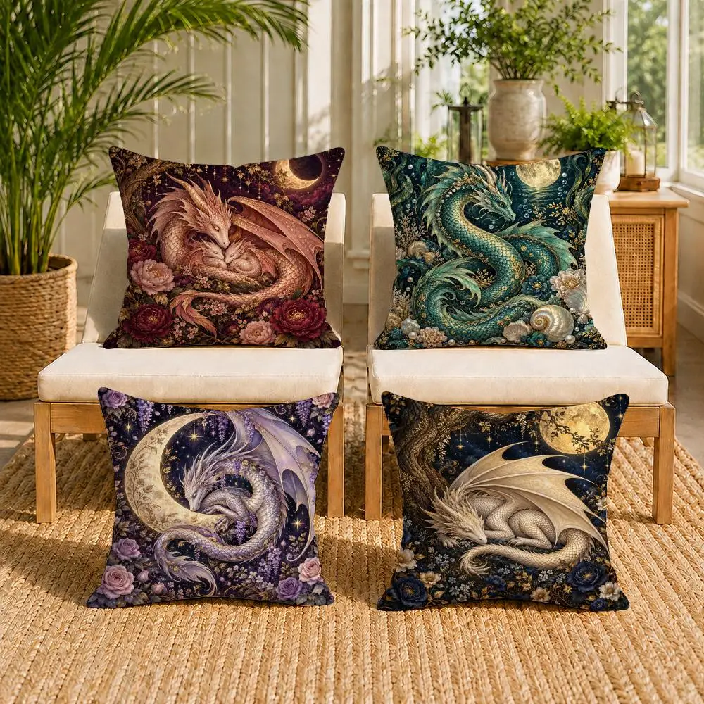 Sleepy Dragon Enchanted Forest Cushion Cover Double-Sided Plush Sofa Pillow Cover Organic Breathable Invisible Zipper