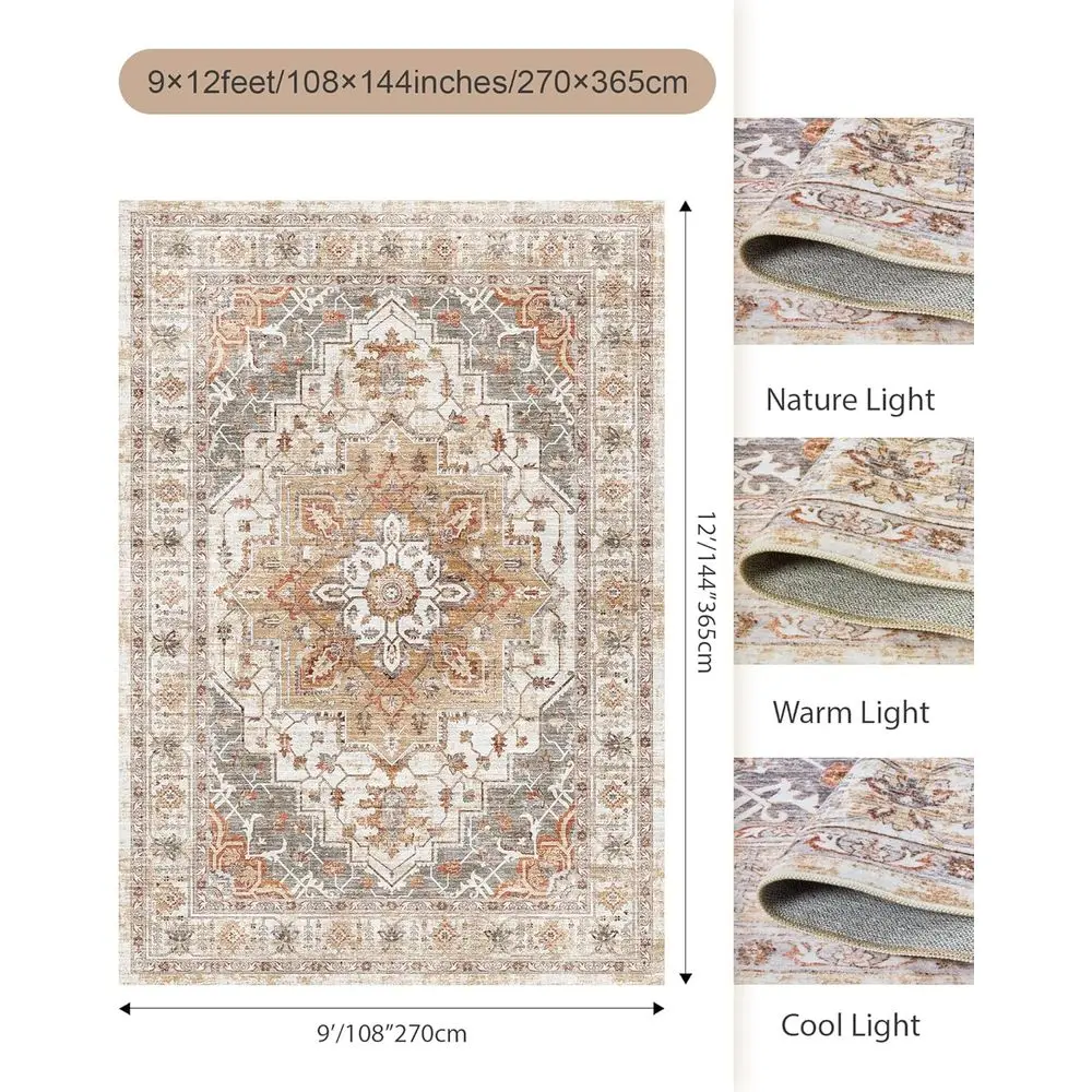 9x12 Vintage-Style Rugs for Living Spaces, Ultra-Thin, Washable, Non-Slip, Lightweight, Foldable, Stain-Resistant, Turmeric/Grey