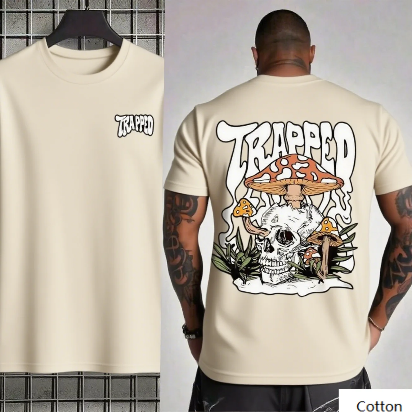 

Cotton T - Shirt Featuring Trapped Skull and Mushrooms Artistic Back Print Casual Top for Men Stand Out with Distinctive Graphic
