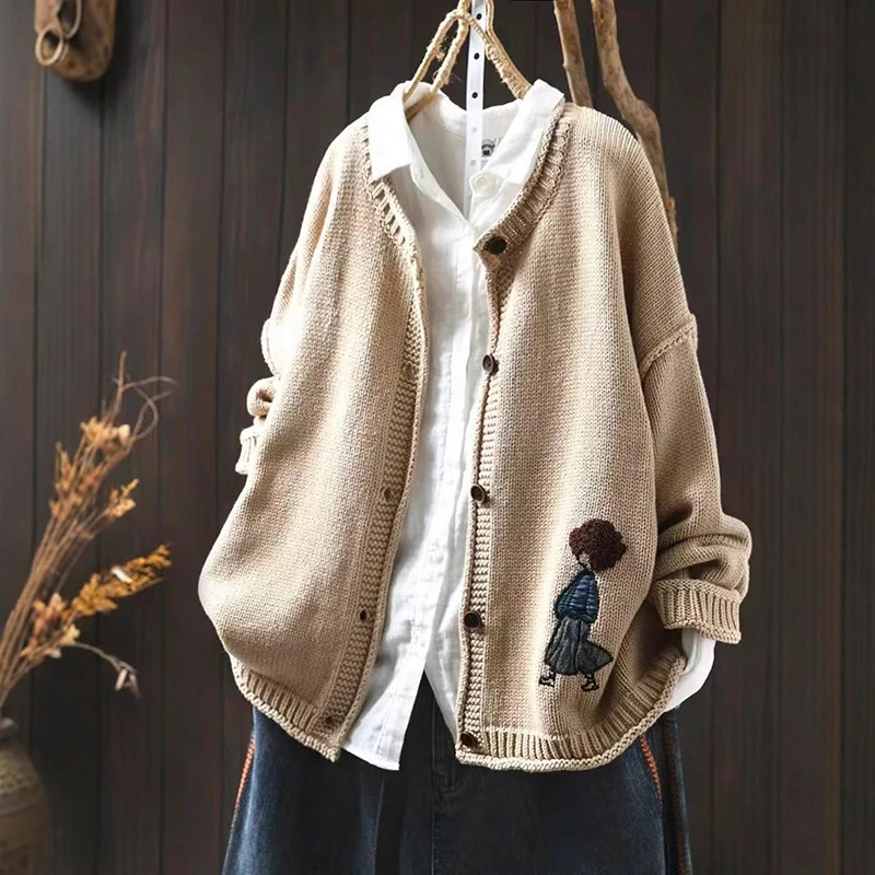 Women Long Sleeve Knitted Cardigan New Arrival 2025 Autumn Simple Style O-neck Cartoon Appliques Female Casual Sweaters M2042