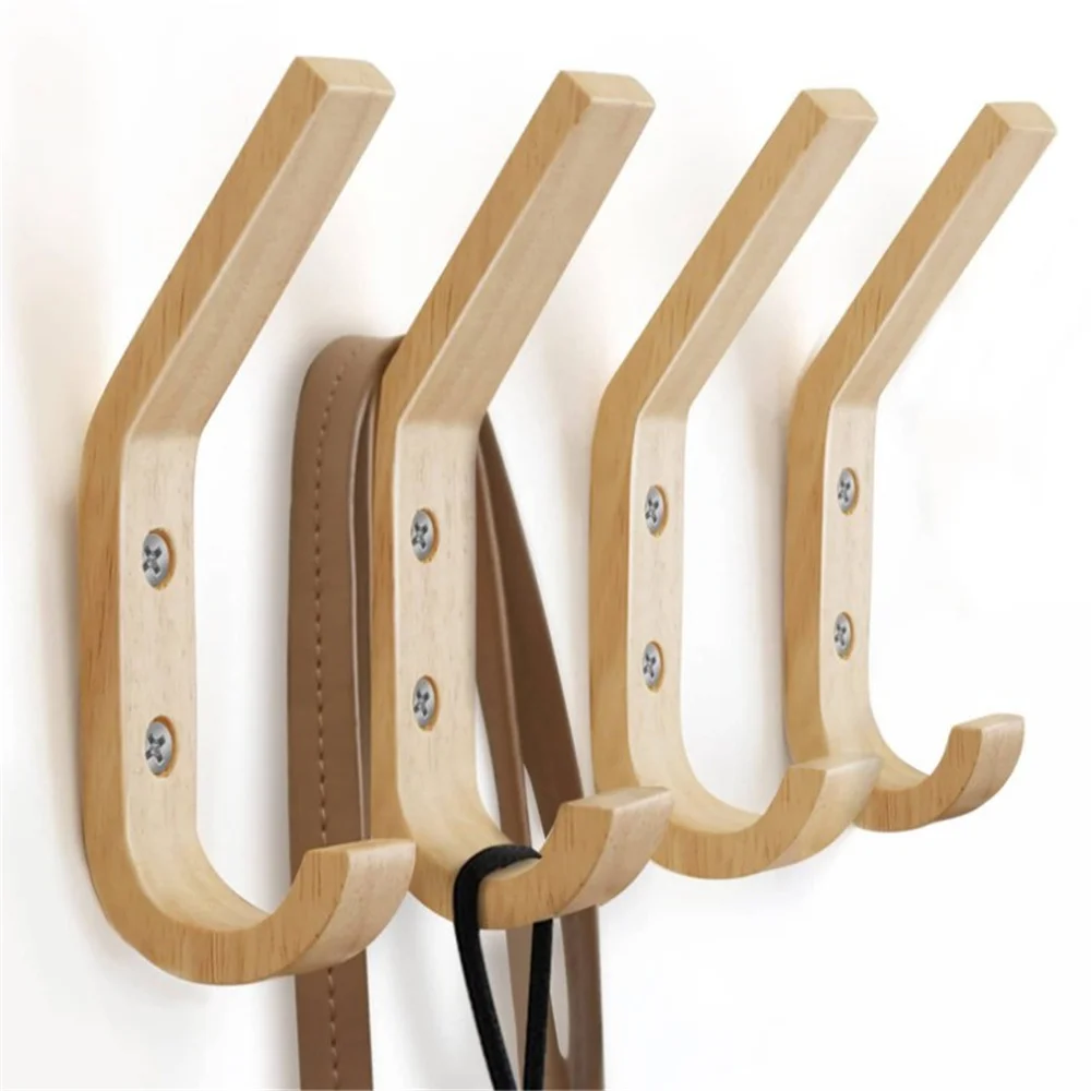 4Pcs Oak Wood Coat Wall Mounted Vintage Single Hook Hat Rack Towel Hanger Wood Wall Organizer Hook Decorative For Home Bar Hotel