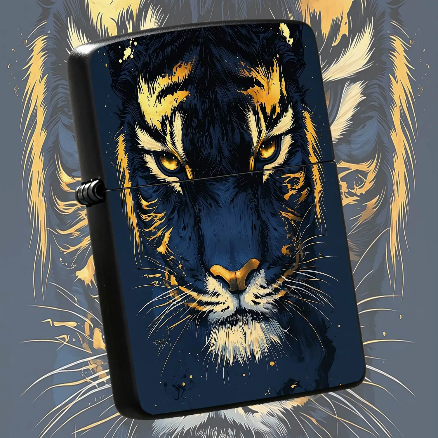 Creative Windproof Lighter With Stunning Navy Blue Golden Tiger Head Art Pattern Stylish Exotic Fierce Wild Feline Design Ideal For Daily Carry Outdoor Camping Gathering Multi-Scene Use Unique Delicate Present For Frien A Humorous And Inter