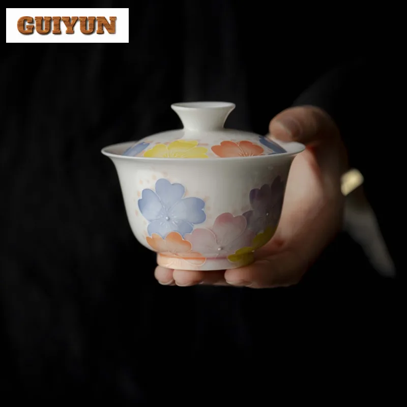 

Hand Drawn Small Floral Gaiwan Elegant Tea Tureen Household Tea Bowl With Lid Kit Tea Maker Cover Bowl Kung Fu Tea Set Craft
