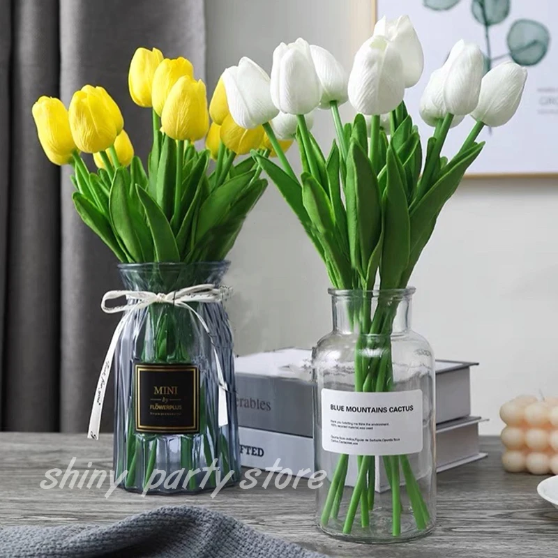 Artificial Tulip Flower Bouquet, Real Touch, Fake Flower, White, Yellow, Wedding Decoration Flowers, Home Garen Decor, 10Pcs