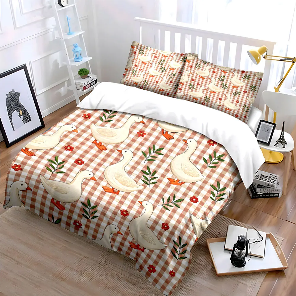 White Geese with Checkered Pattern Decor Printed Duvet Cover Set 1 Duvet Cover+2 Pillowcase Multi Size Bedroom Bedding Decor