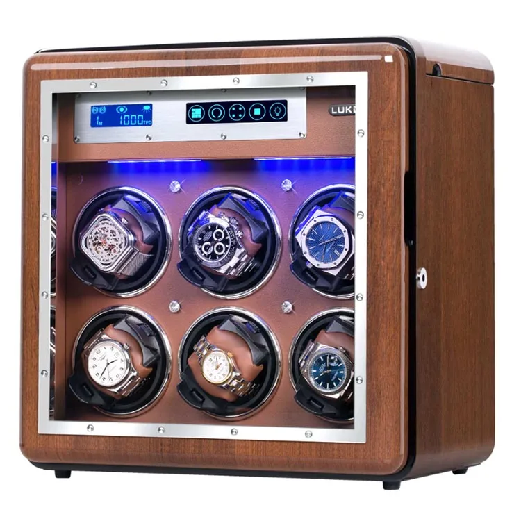 luxury battery transparent 6 rotating case high end wood display stand cabinet watch winder box