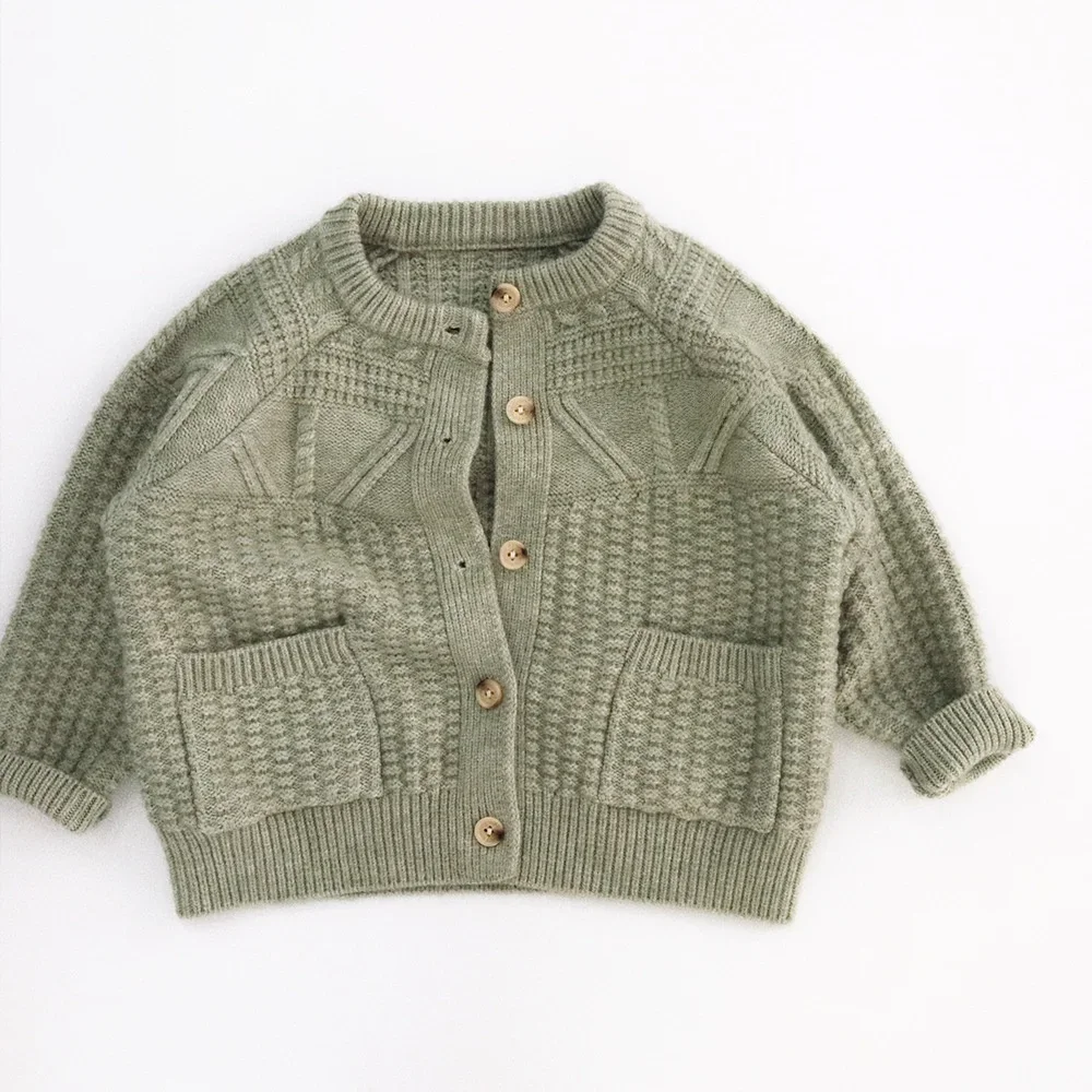 

Autumn Winter Kids Knitted Cardigan Bean Green Single Breasted Crew Neck Pocket Design Baby Toddler Sweater Coat