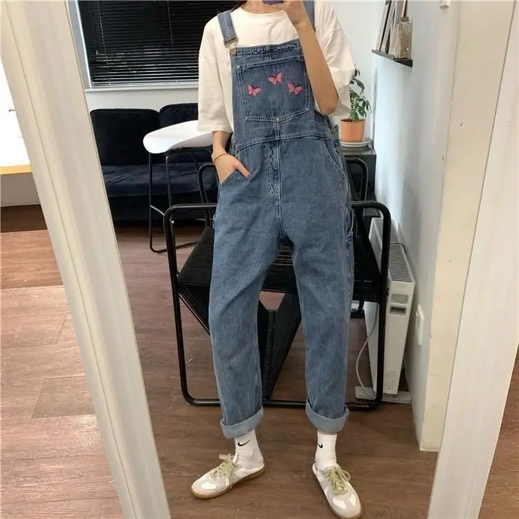 American Style Butterfly Denim Strap Pants for Women Spring and Autumn Loose Casual Straight Leg Versatile Cute Wide Leg Pants