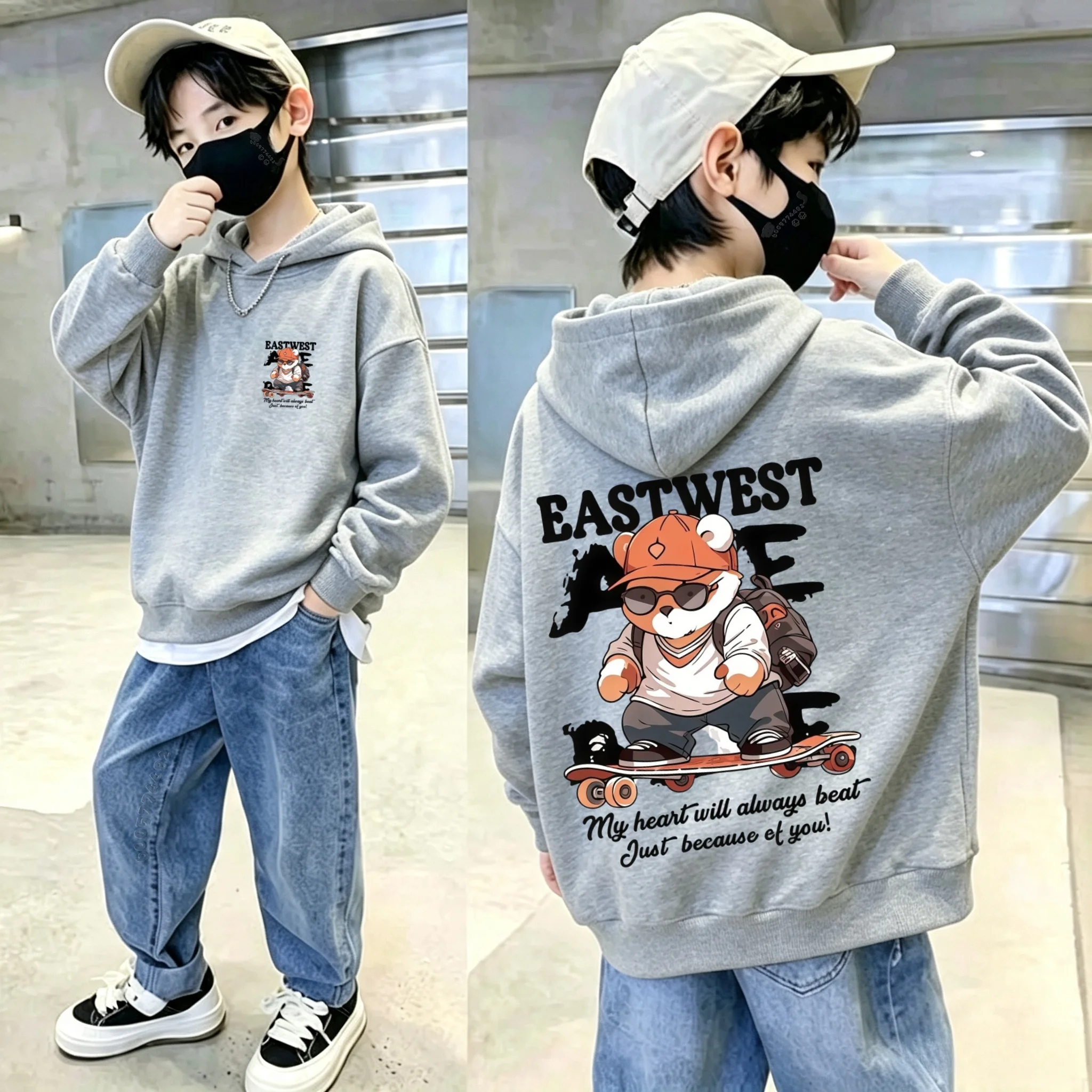 Y2K retro cool cartoon double-sided printed children's hooded sweatshirt for big kids, casual and comfortable pullover hoodie
