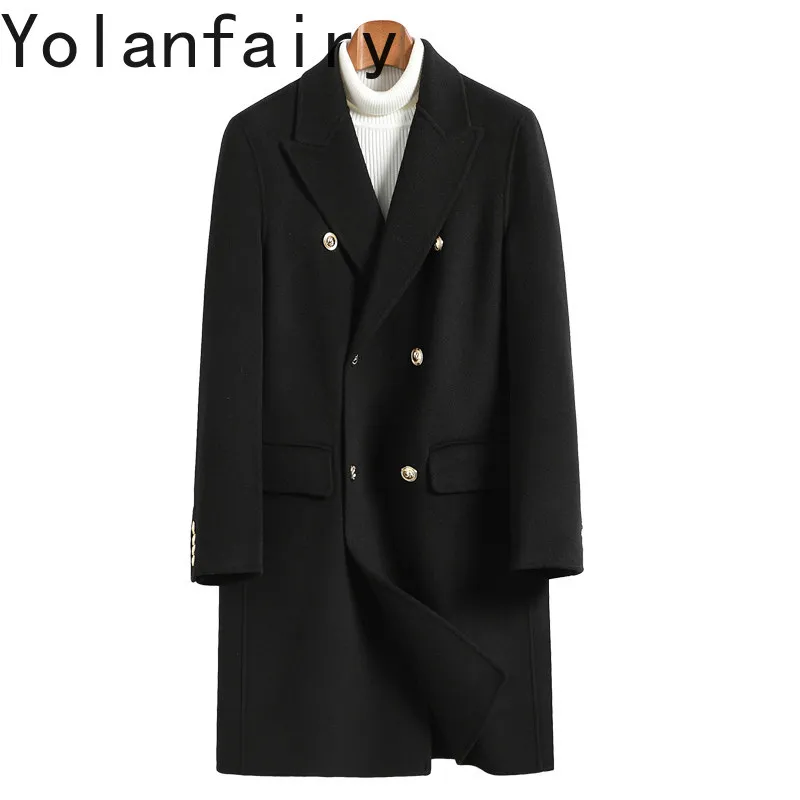YOLANFAIRY Fashion 100% Wool Coats for Man Fall Winter Double-faced Woolen Jacket Mid-length Warm Black Wool Coat abrigos hombre