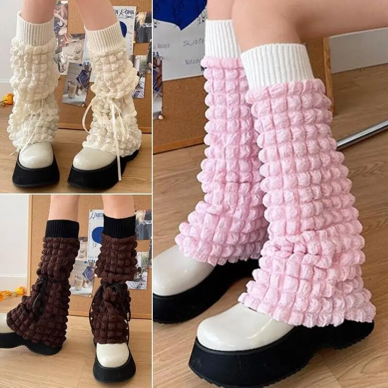 

Korean Puff Plaid Bandage Leg Warmers Sweet Hot Girls Lolita Y2K Fashion Stretch Foot Warm Cover Autumn Winter JK Pile Up Socks