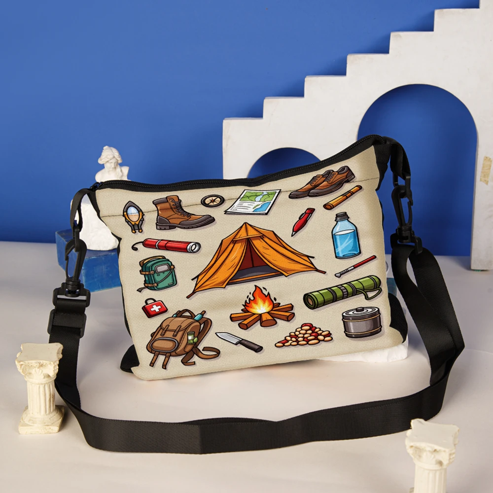Camping Theme Crossbody Bag Beige Outdoor Adventure Equipment Print Shoulder Bags For Hiking Travel Camping And Nature Explorati