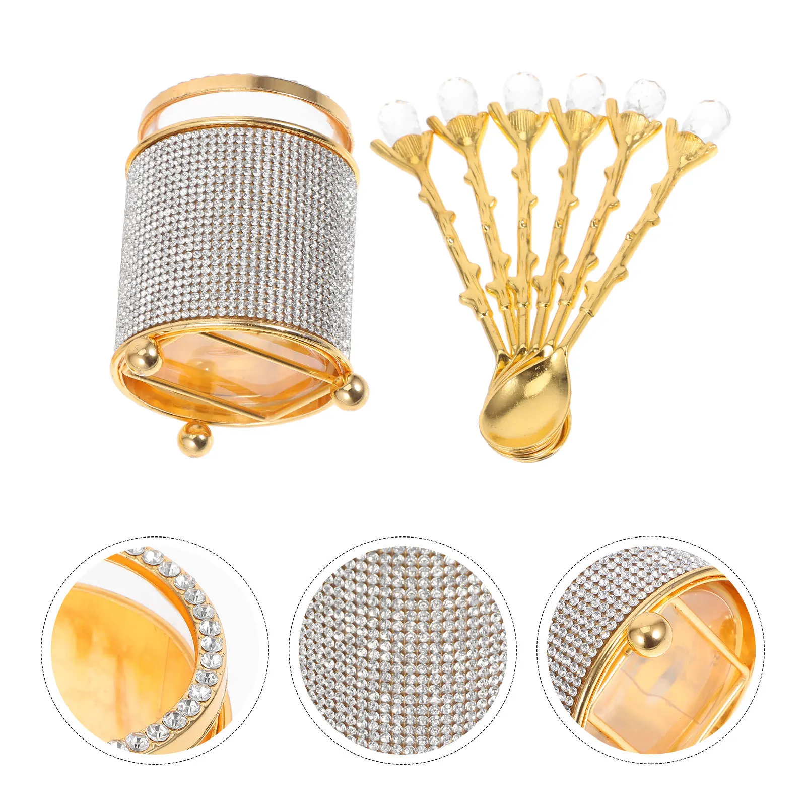 

1Set Coffee Spoons Holder Zinc Alloy Gold Teaspoon Rhinestone Glass Base Mini Dessert Spoon Organizer for Stirring Mixing