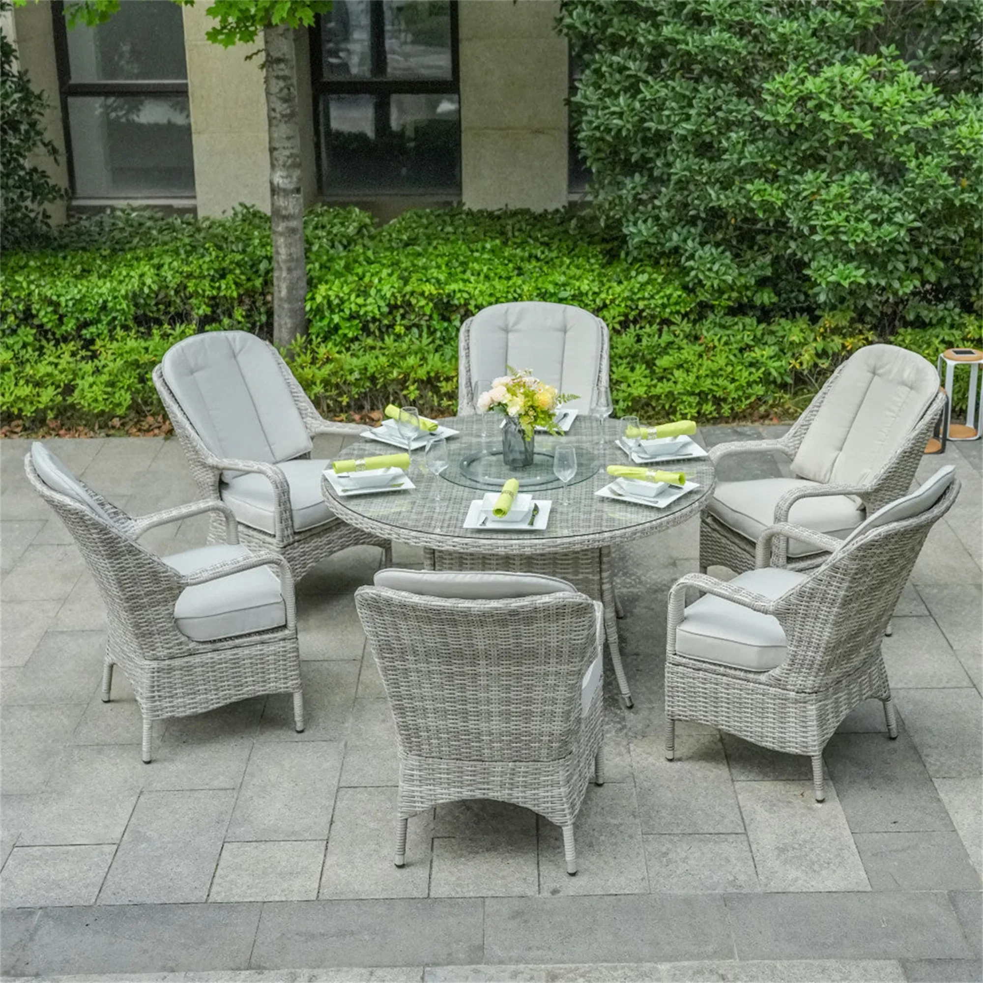 

-Luxury Restaurant Dining Table Outdoor Rattan Furniture Garden Wicker Chairs With Round Table Patio 6 Seat Wicker Dining Set