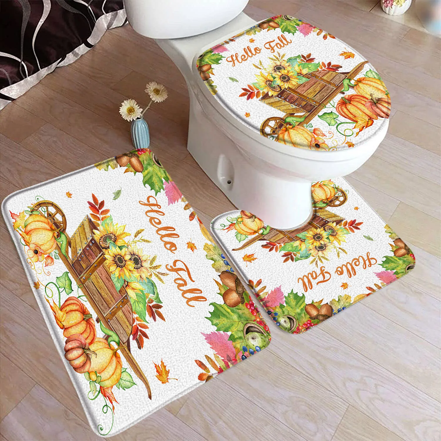 Autumn Pumpkin Bath Mat Set Sunflower Maple Leaves Fall Mushroom Home Doormat Carpet Bathroom Decor Floor Rugs Toilet Lid Cover