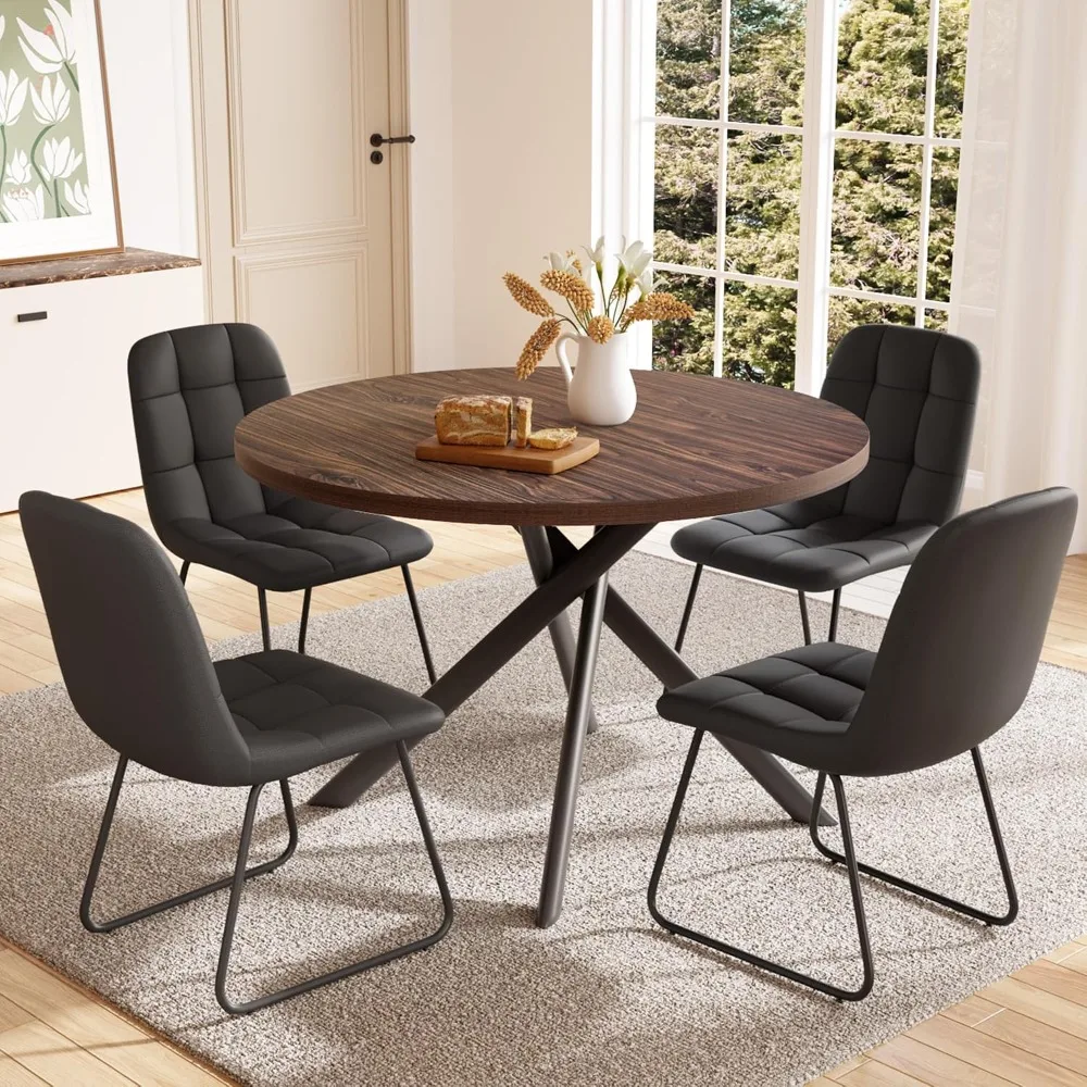 45.3 Inch Round Dining Table Set for 4, Mid Century Modern MDF Coffee Set for Dining Room Kitchen Apartment (Dark Walnut