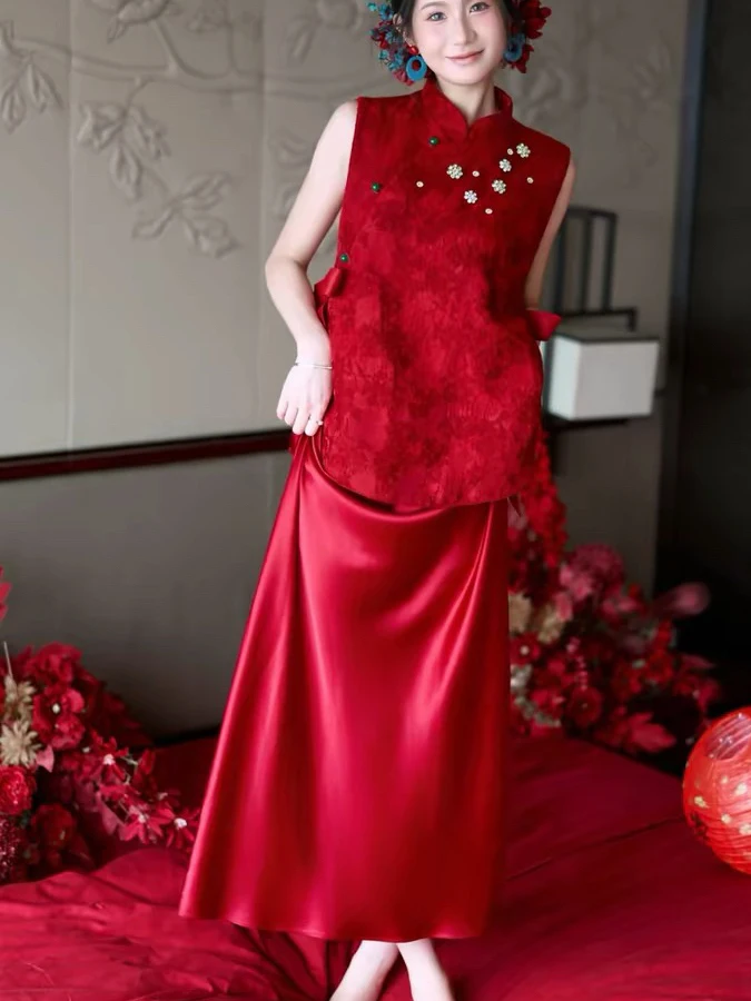 

New Chinese Style Wedding Morning Robe Bride Two-Piece Set Summer Large Size Farewell Marriage Formality Dresses Long Skirt