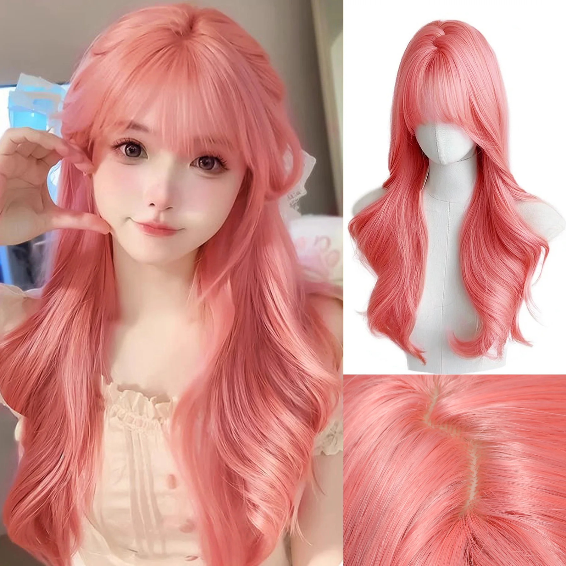 

orange pink wig Long Wavy Synthetic Wigs Middle Part Natural Wave Wig Heat Resistant Cosplay Party Daily Hair Wig for