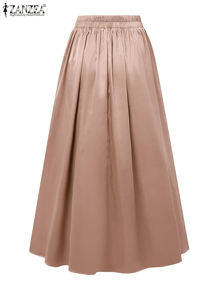 Fashion Women High Waist Party Skirt 2025 ZANZEA Summer Satin Jupe Elegant A-line OL Work Faldas Saia Stylish Maxi Long Skirts
