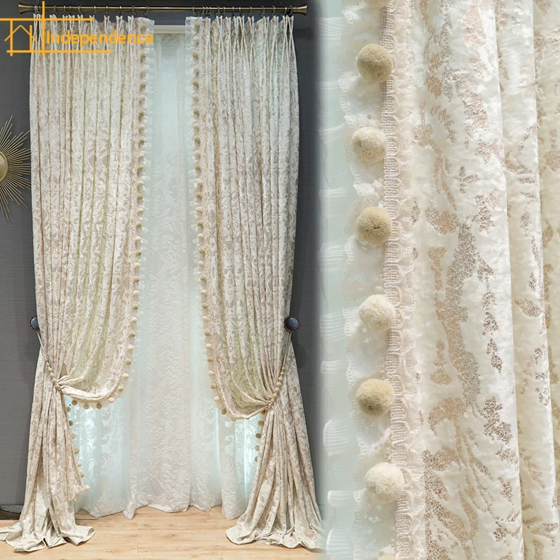 

French Ice Velvet Gilded White Jacquard Curtains for Living Room Bedroom Customized French Window Balcony Customized Products