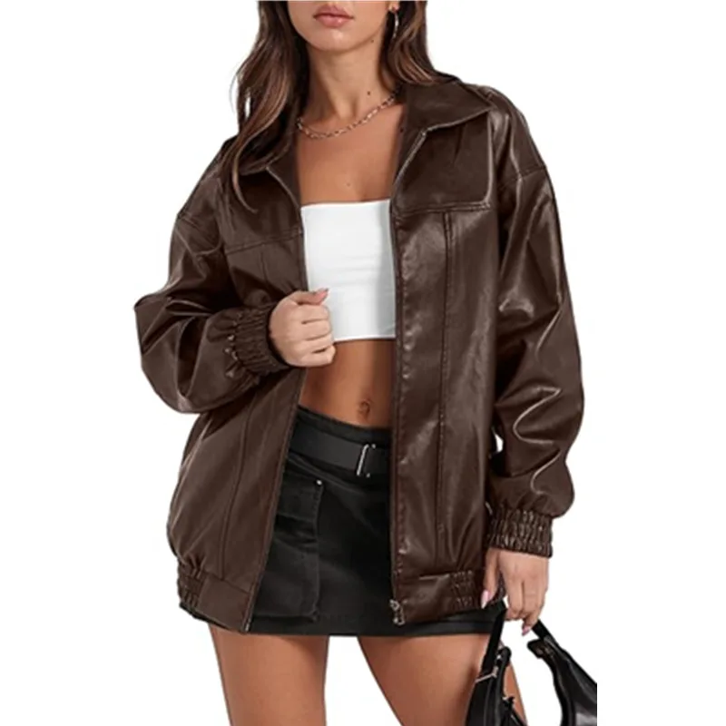 

Solid Color Faux Leather Jakcet Fashion Outerwear Thicken Zipper Lapel Pu Coats Autumn Winter Streetwear Ladies Top Women Bomber