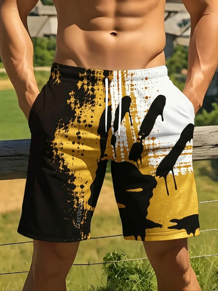 Men's palm handprint splashed 3D printed beach shorts with elastic drawstring and pocket, summer casual sports shorts