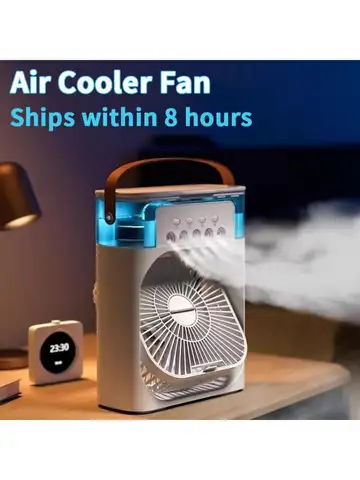 Portable 3 In 1 Mini Air Cooler Fan Humidifier LED Night Light Adjustable Wind Speed Desktop Cooling Fan For Bedroom Office Stud