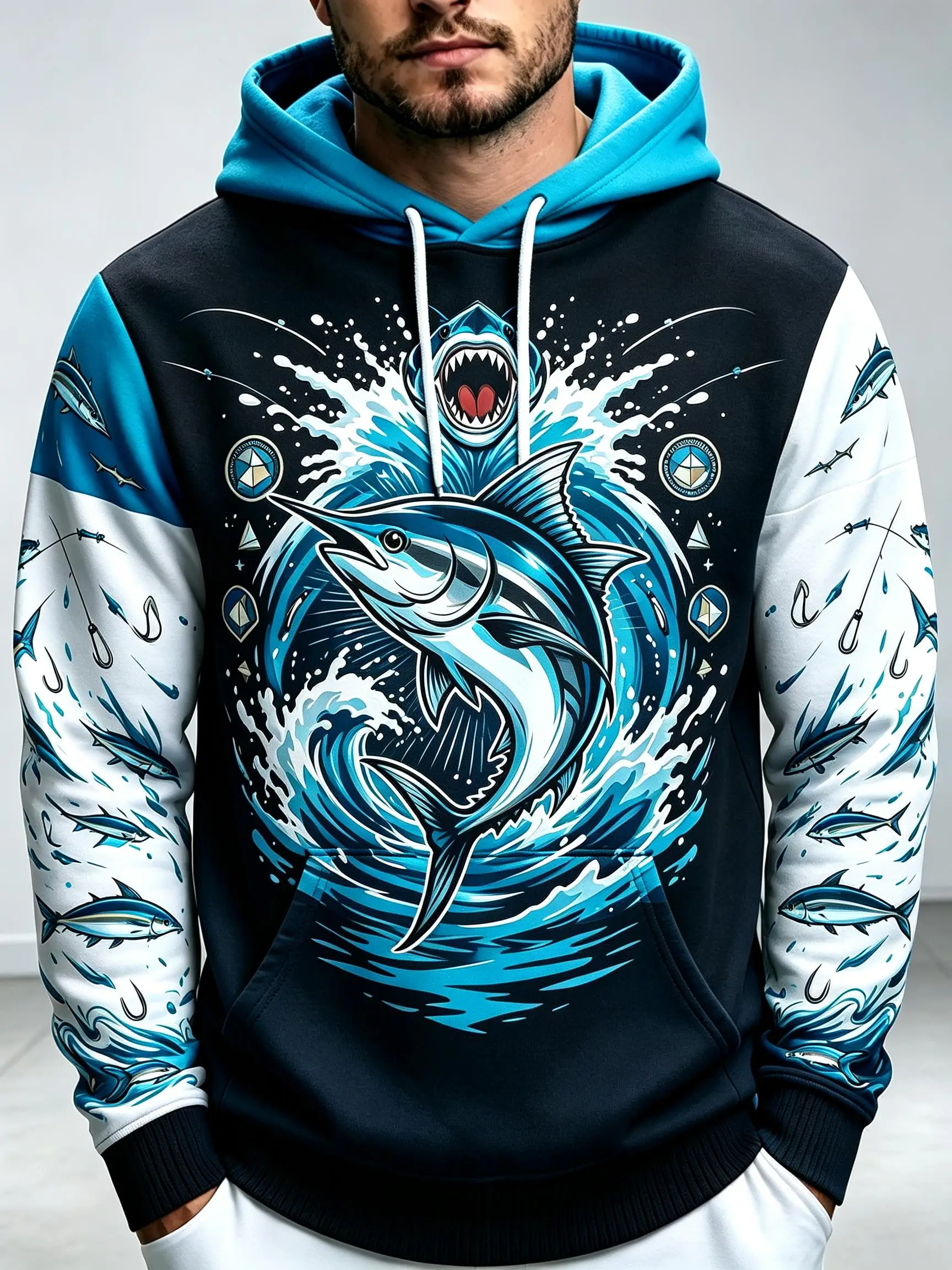 2026 Men Thin Sweatshirt Autumn Winter Hoodie Marlin Fish Ocean Wave Splash Print Long Sleeve Male Pullover Tops Men's Clothes