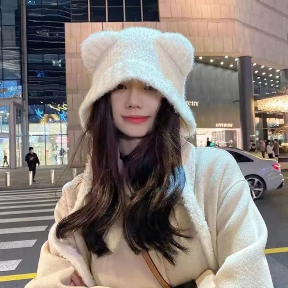 Cute Lace-up Bear Ears Knit Hat Slouchy Cold-proof Ear Protection Hat Thick Fleece Lined Beanie Cap Winter