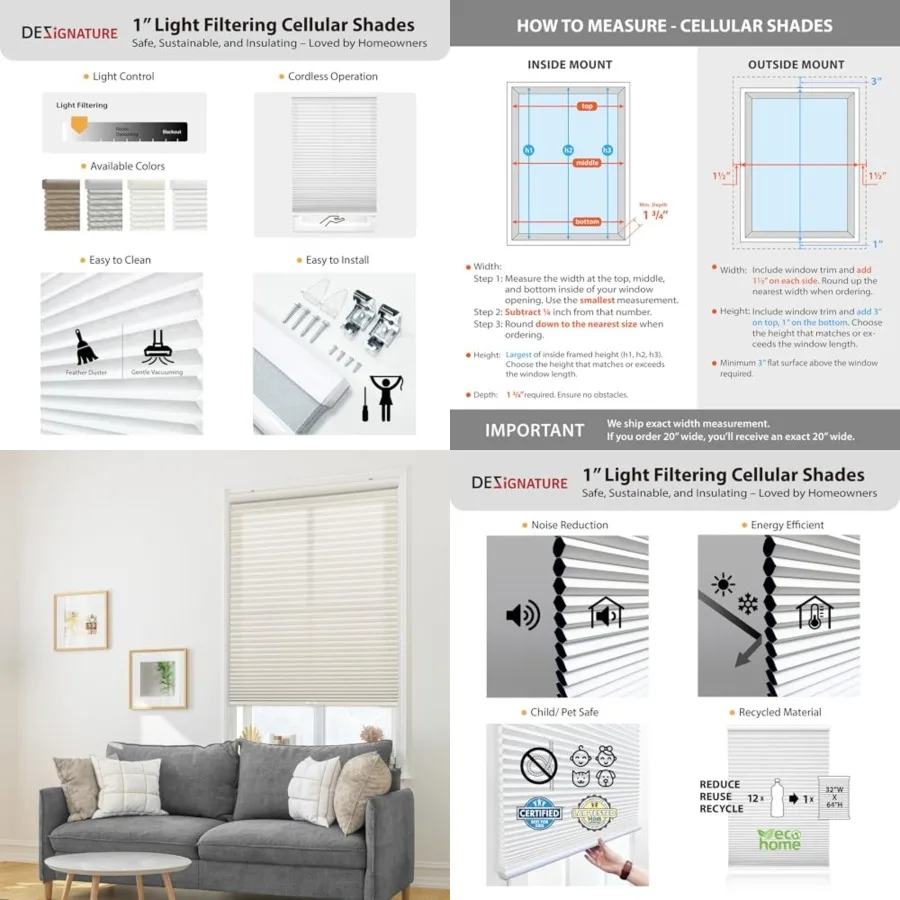 

Cordless 1" Signature Light Filtering Cellular Shade, 39" W x 48" H, Cream
