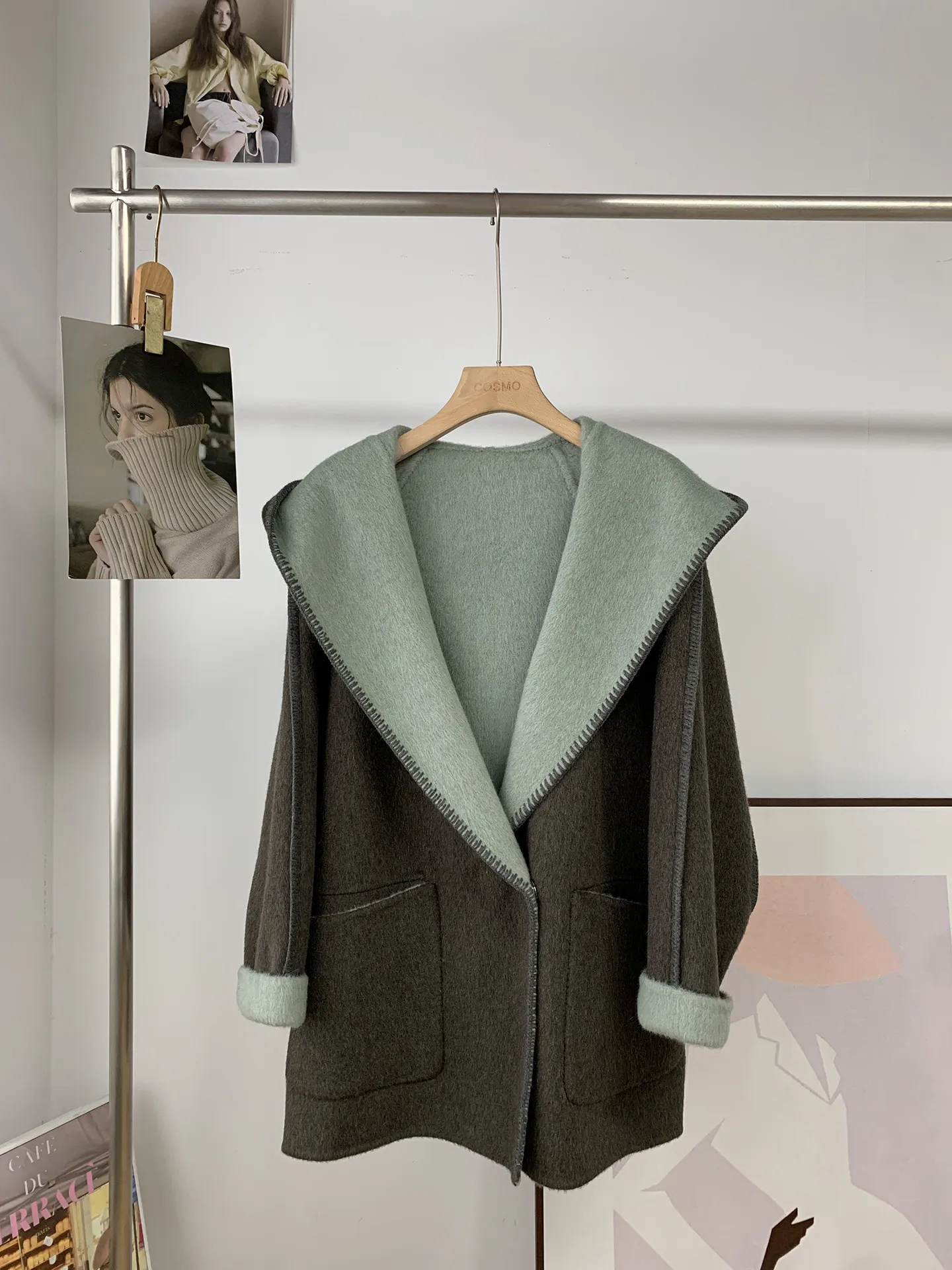 Chic Womens Reversible Hooded Wool Coat Contrast Color Double Sided Woolen Mid Length Loose Hand Stitched Korean Style Outerwear
