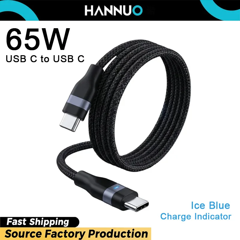 

HANNUO 65W Dual Type C Braided Charging Cable Built-in Indicator Light Stable High-Speed Charging Data Sync Cord Cord 1M 2M USB