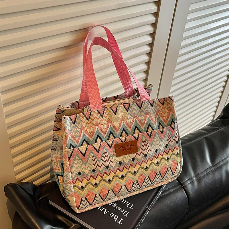 Bohemian Ethno-Stil Geometrischer Druck Canvas-Tragetasche, Bunte Zickzack-Muster Handtasche für Damen, Große Kapazität Pendler-Schultertasche – Detail 19