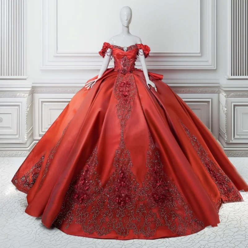 Satin Burgundy Quinceanera Dress off-shoulder Sequin Crystal 3D Flower Decal Long tail Bow vestidos de 15 Quinceanera ﻿Customize