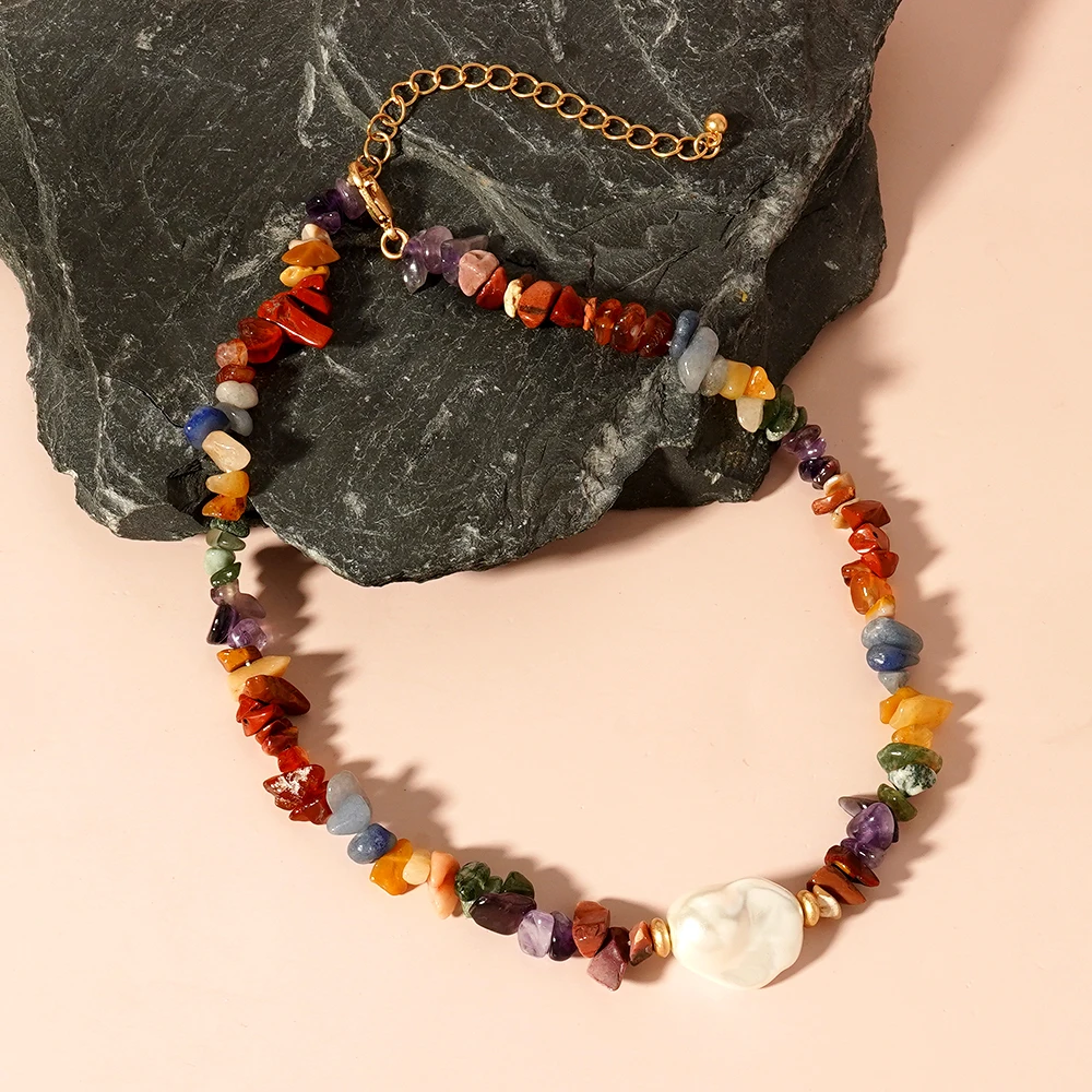 

Natural Pearl Pendant Colorful Stone Necklaces Rose Quartz Amethyst Crystal Bohemian Fashion Chokers Women Jewelry