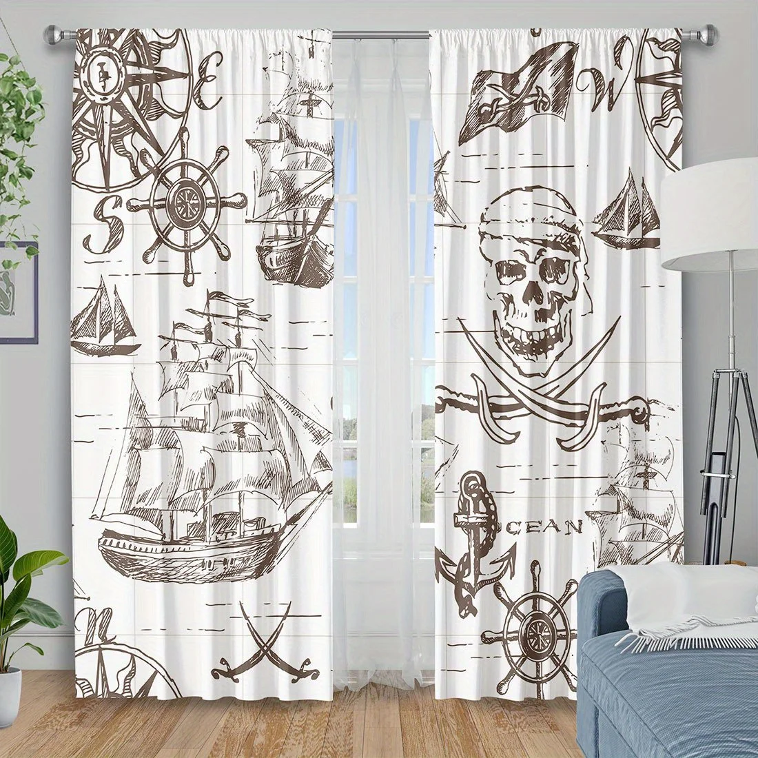 Vintage Pirate Ship Curtain, Skull & Anchor Print Drape, Nautical Sailing Boat Window Treatment for Kids Bedroom Home Decor