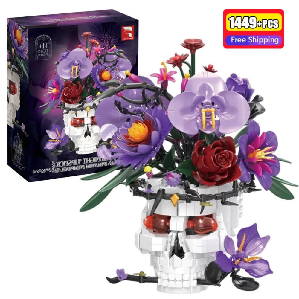 

1449PCS Creative Skull Flower Bouquet Building Blocks Gothic Floral Vase DIY Orchid Rose Succulent MOC Halloween Decoration Gift