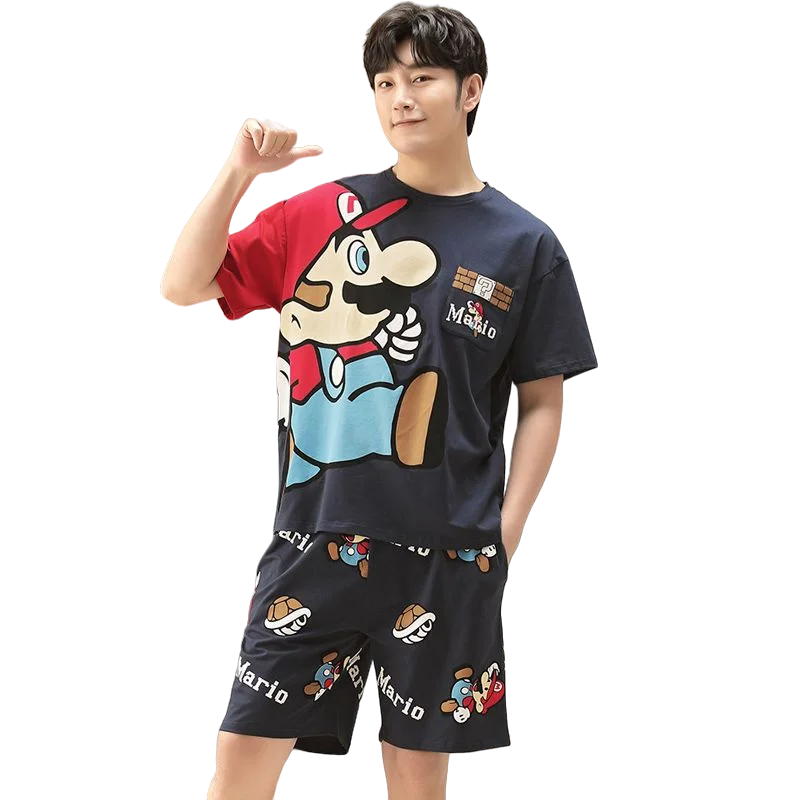 Super Mario Bros. Conjunto de pijama de manga curta masculino, desenho animado fofo, seção fina de algodão, personalidade criativa jovem, tamanho grande, verão