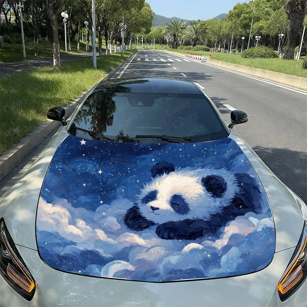 Pandas On Clouds Car Hood Decal Sticker - Durable Vinyl Protective Film For Most Vehicles, Scratch-Resistant Automotive Exterior